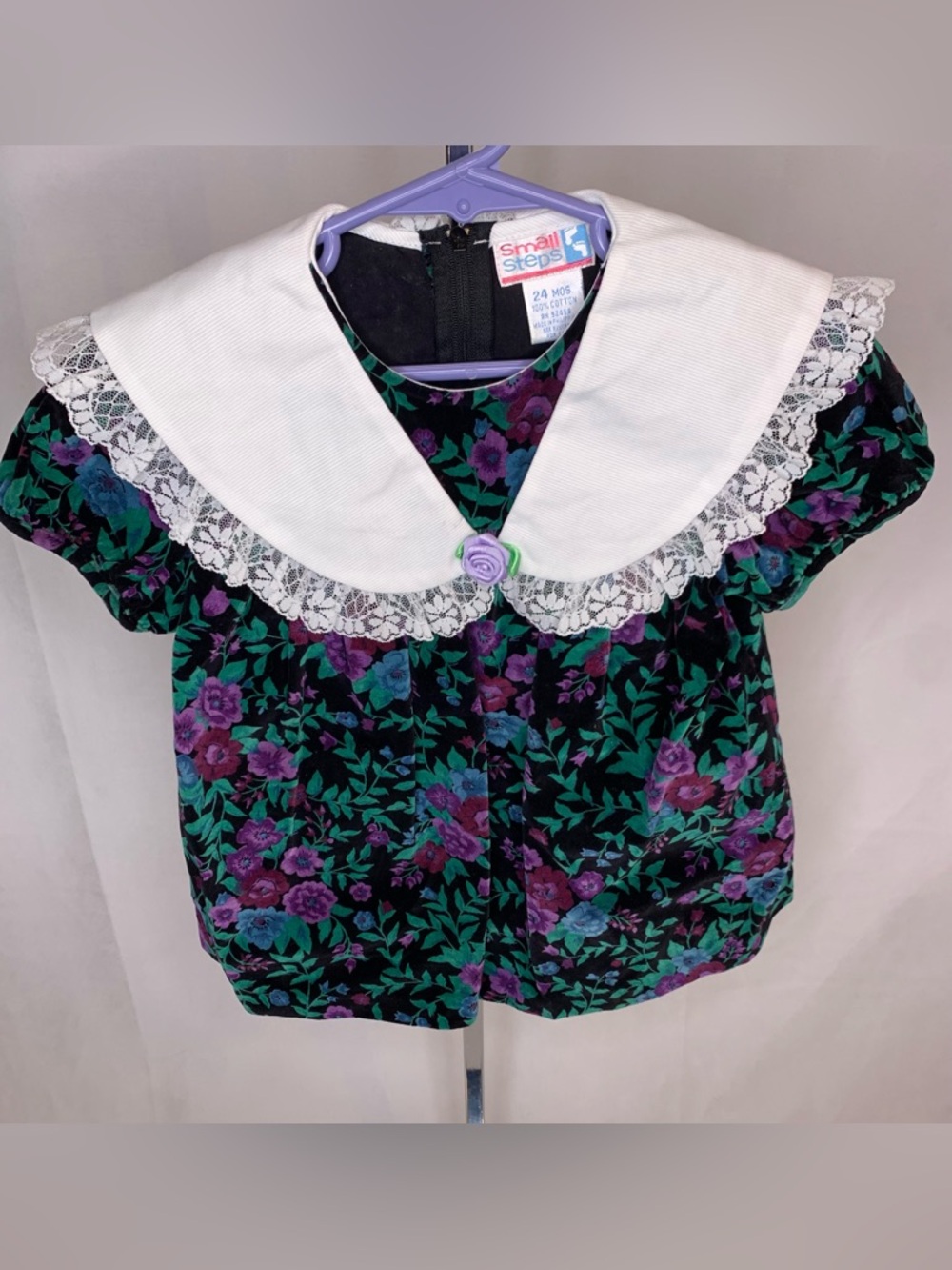 Small Steps Vintage Girls Velvet Floral Dress Lace Collar with Rosette 24 months